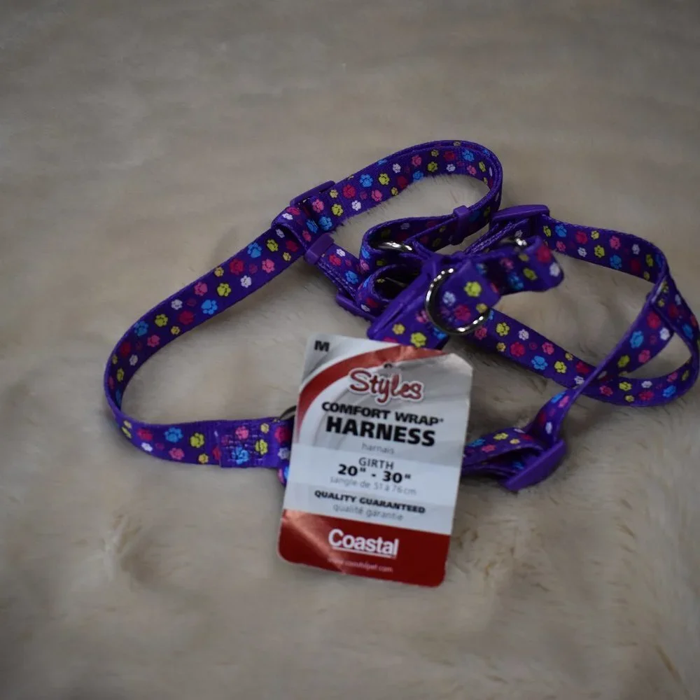 Purple Dog Harness Size Medium Paw Print Adjustable